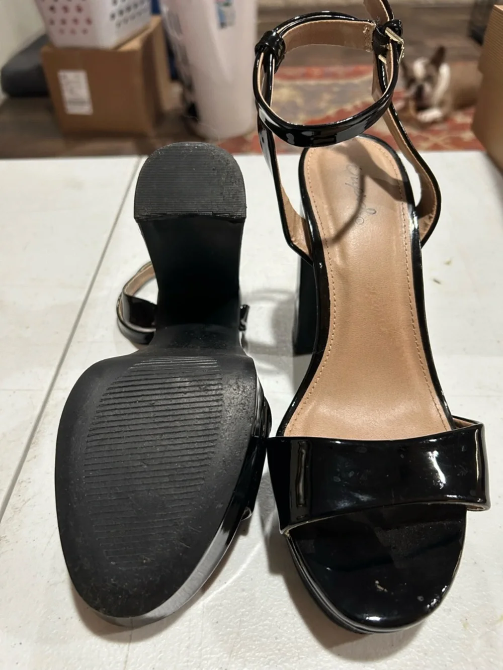 Patent Black Ankle-Strap Block Heel Sandals
